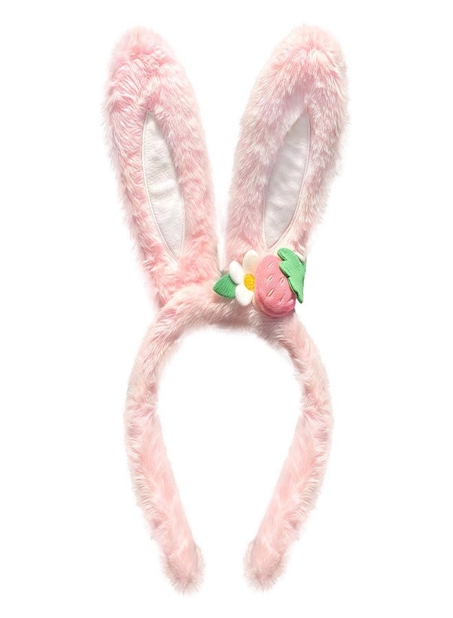 Doneace Easter Bunny Ears Headband Plush Easter Rabbit Ear Hairband Cute Strawberry Bunny Ears Headbands for Women Easter Cosplay Party Headwear Festival Costume Hair Accessories Gift 1PCS(Pink) - Image 1